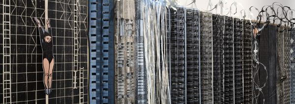 One Step at a time, detail, Art Gallery of Mississauga, woodcut on Okawara paper, ribbon, 2009, photo credit Peter Legris