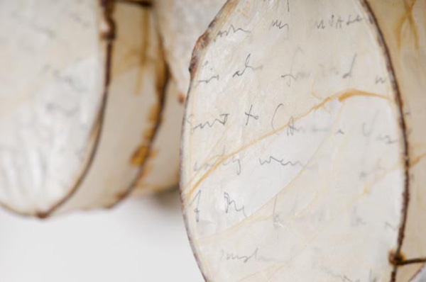 Detail: "Cells", Gut, wire, photos on paper, 144" x 48" x 4" (depth), 2012.