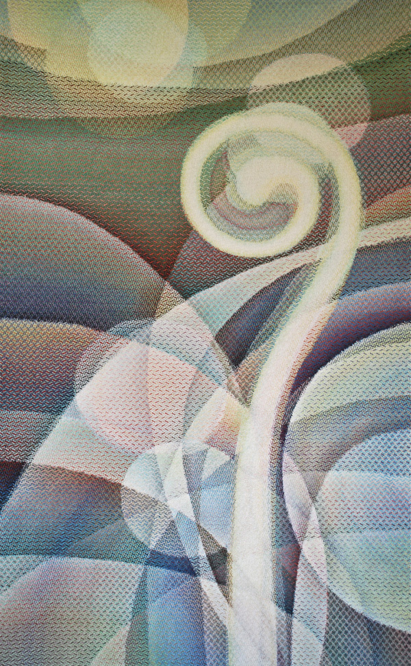 A Phase of Light: Hope 2, Weaving: combination of warp painting and weft painting hand plied yarn of cotton, silk, linen, and rayon, fiber reactive dyes, 170 x 103