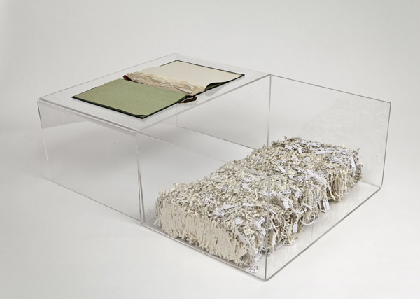 Ulysses, 2010, shredded pages of novel, thread, book, 21 x 45 x 62, Photo: Toni Hafkenscheid