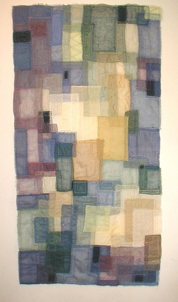 Facade XXII, 33 x 65 scrim, hand stitched to organza backing. Raw-edge appliqué and raw edges. Photo: Rosemary Claus-Gray  