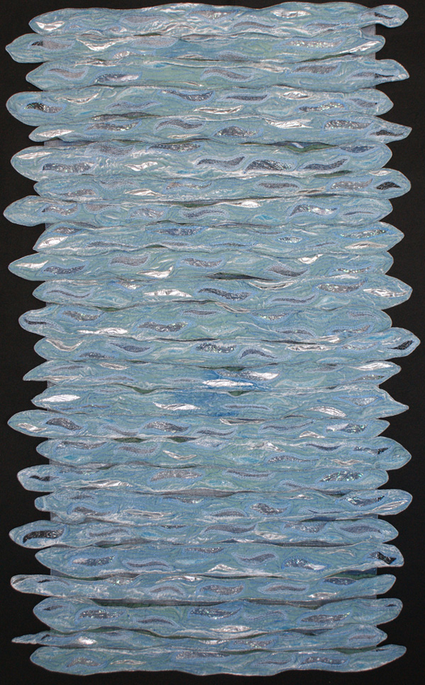 On the Edge, 72” h x 44” w x 1.5” d, fibre, collage, machine lace