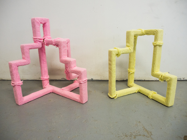 Pink and yellow, wood, machine knitted synthetic yarn, Left Work: 22 Inches high, 18 wide, 18 deep. Right Work: 18 inches high, 14 wide 13 deep. 2013. Photo: Andrew MacDonald.A