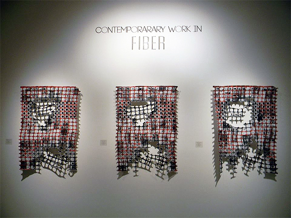 Weathered Fences Series, #1 - 3, approx 48 x 35" each, Contemporary Work in Fiber exhibit, University of Mary Washington Galleries, Fredericksburg, VA, USA, 100% cotton, paint, thread, Monoprinted, handstamped, handpainted, stitched, cut stiffened fabric, Photo credit: Jeanne Williamson
