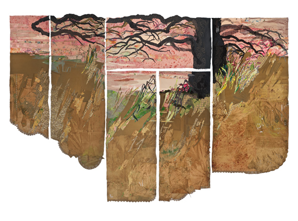 Fragments of Eden III (Red Sky in Morning Sailors Take Warning), 2011, 12'wx8'h, painted and printed deconstructed repurposed clothing and vintage linens, discontinued designer fabric samples, raffia, plastic net vegetable bags, machine stitching.