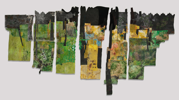 Edge of Darkness II, 11'x6', Painted and printed vintage linens and deconstructed repurposed clothing, hand and machine stitching. Photo: Susan Byrne Photography.