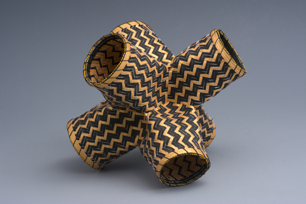 Octahedron, watercolor paper, acrylic paint, waxed linen thread, 2014, 8 x 8 x 8", diagonal twill woven basketry, sewn rim, Photo: Ken Rowe