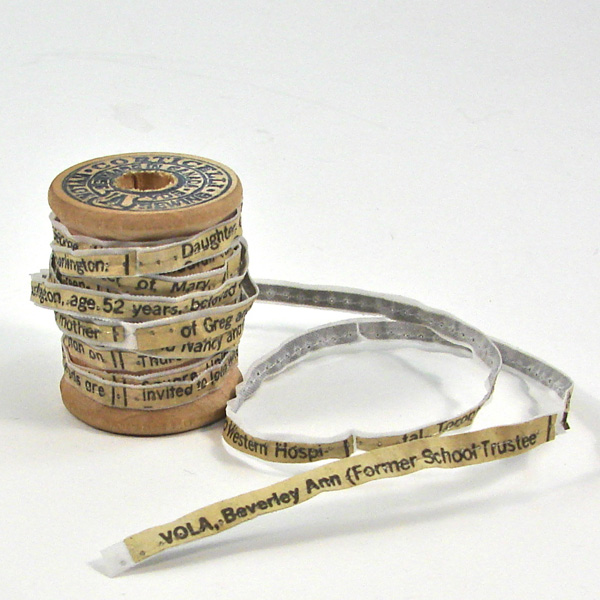 Spool Of Life, 2012, 5 H x 5 W x 5 D cm, Wooden Spool, Ribbon, Thread, Mothers Obituary