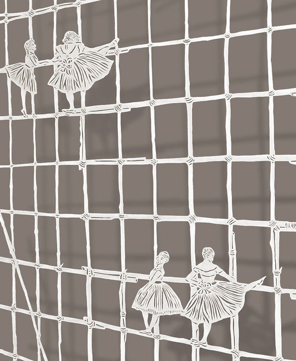 Bamboo Ballet, detail, 37.5”x27”, Cut Paper, Chinese Rice Paper on Silk