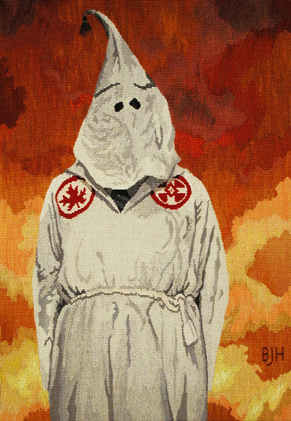 Cover Up Series – Canadian Klansman 2000, 35"x25" 89x64cm linen warp. wool
weft, some handspun, woven tapestry, photo by Ted Clark.