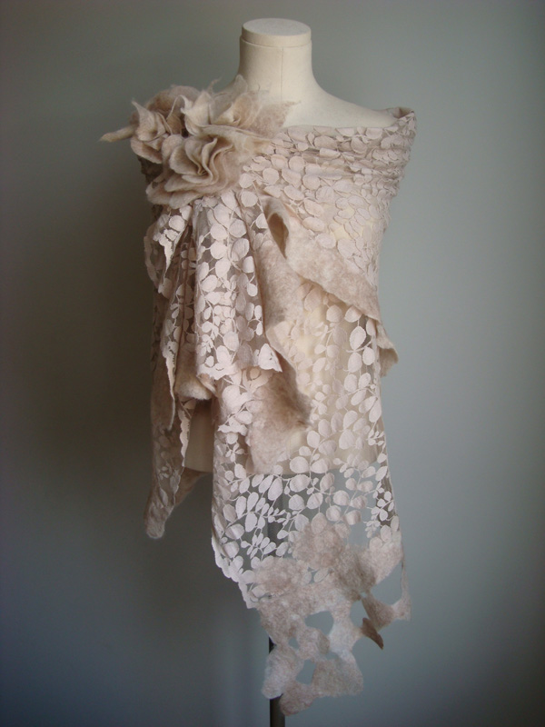 Eternal lace shawl with blossoms, Nuno felting on lace, 2012 Photo-Lorena Santin Andrade