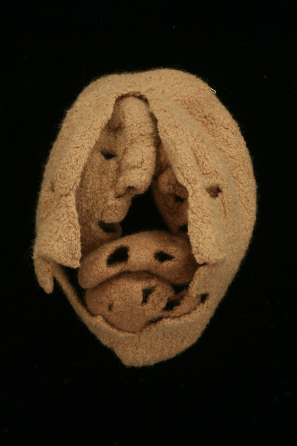 Influences, 8"H x 6.5"W x 5"D, hand knit, fulled and sewn.