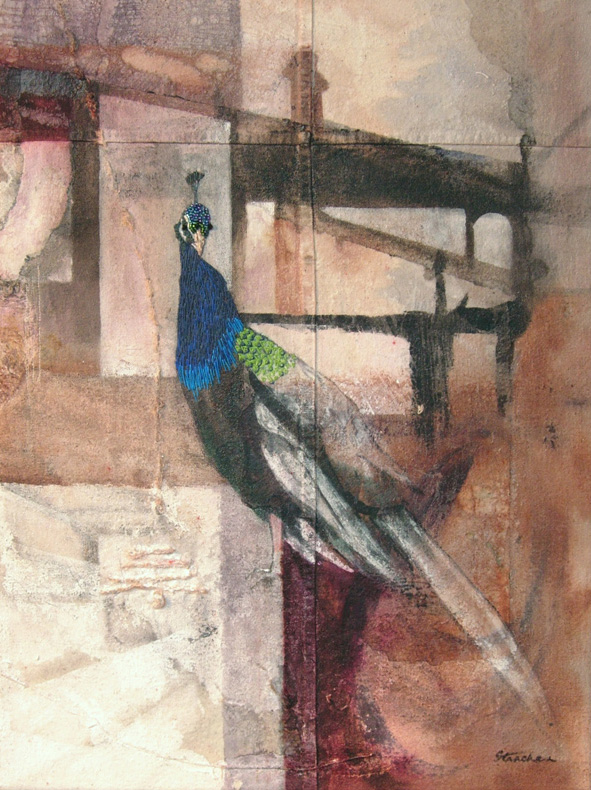 Kirby Hall, 20" x 26" framed, acrylic paint and ink on repaired canvas, hand stitching, beaded.