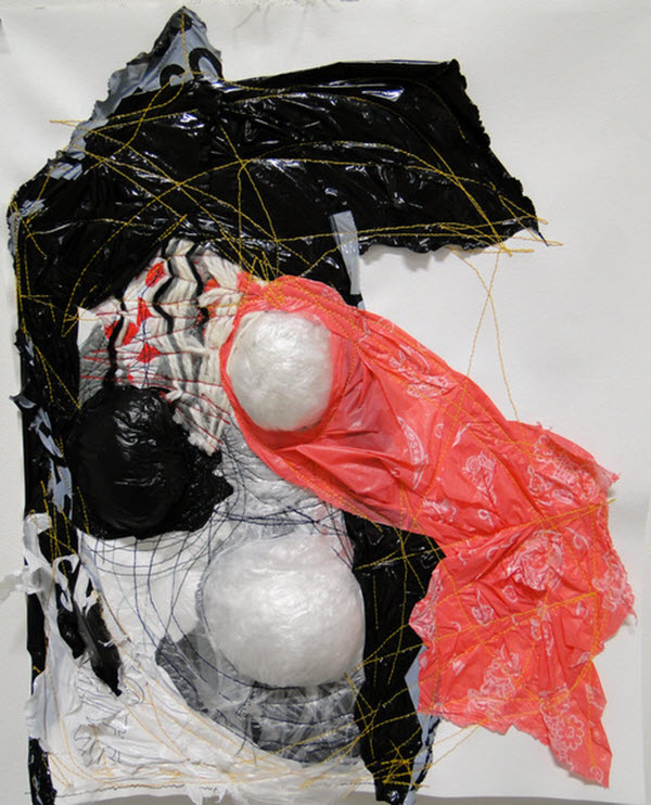 Untitled, plastic, wool, thread, canvas, 2013, 40.6 cm x 50.8 cm, machine stitched. Photo: Louise Keen.