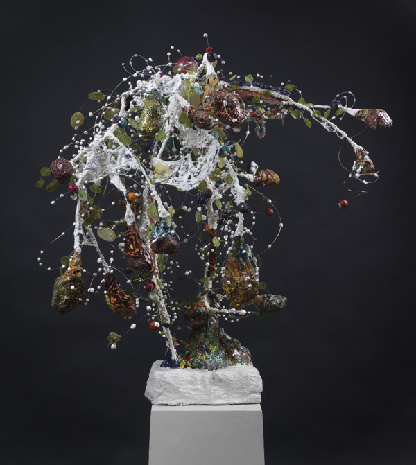 New Construction Tree I, tree branch, fabric, plaster, Styrofoam, wire, clay, 3'x 4' x 3.