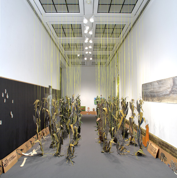 One Step at a time, detail, Art Gallery of Mississauga,woodcut on Okawara paper, ribbon, 2009, photo credit Peter Legris