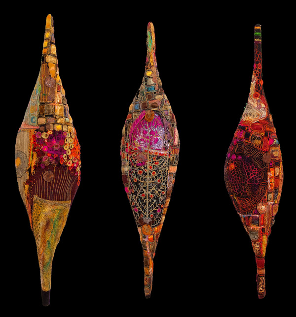 Orange Flower Pod 1, 2, 3, 2011, 33"x8" each. Machine stitched felt, embellishment stitched on water soluble film. Photo: Lily Markovic.