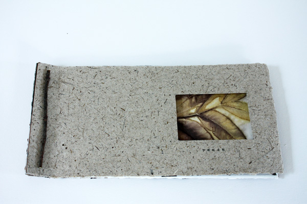 Pecan Book, 2011, 5" x 10", 12 pages, eco printed paper and linen, inkjet printed vellum and recycled paper, bound with stick, photo: Lotta Helleberg