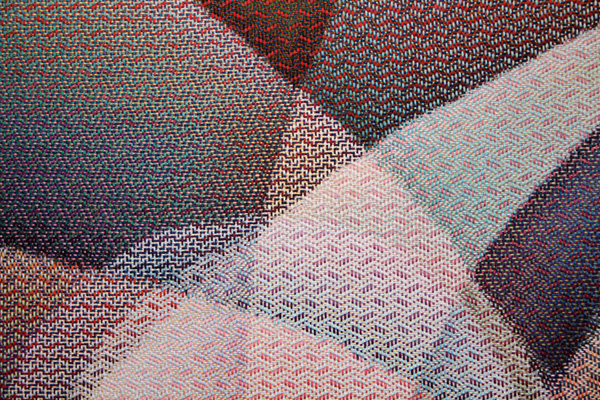 Detail: A Phase of Light: Hope 2, Weaving: combination of warp painting and weft painting hand plied yarn of cotton, silk, linen, and rayon, fiber reactive dyes, 170 x 10