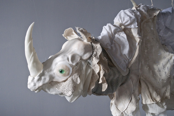 Detail: Dürer's Rhinoceros, 2011, 84" x 32" x 60", materials: resin, silicone, recycled textiles, flax., technique: casting, textile deconstruction, machine and hand sewin