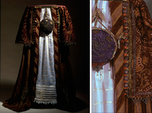 She is a Tree of Life", collaboration with Dorothy Ross. Winner of the Spertus Judaica Prize. A variety of fabrics, trims, and beads; appliqué, beading, construction. 99 x 56 x 33 cm (39 x 22 x 13 in). Collection of Philip and Sylvia Spertus. Photo: Thomas Nowak, courtesy of Spertus Museum, Spertus Institute of Jewish Studies (Chicago IL). Because 'torah', 'wisdom', and 'understanding' are feminine nouns in Hebrew we dressed the scroll like a 17th century Italian bride. Israel became God's bride by accepting Torah at Mount Sinai. This concept is elaborated in several symbolic ketubot [wedding contracts] for Shavuot [Pentacost].