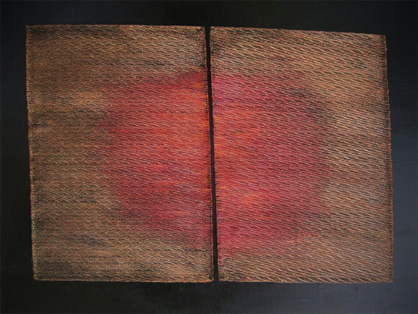 Copper Ikat, Red, 2010. Hand-woven copper in undulating twill with oil paint and varnish. 61 cm h by 51 cm w