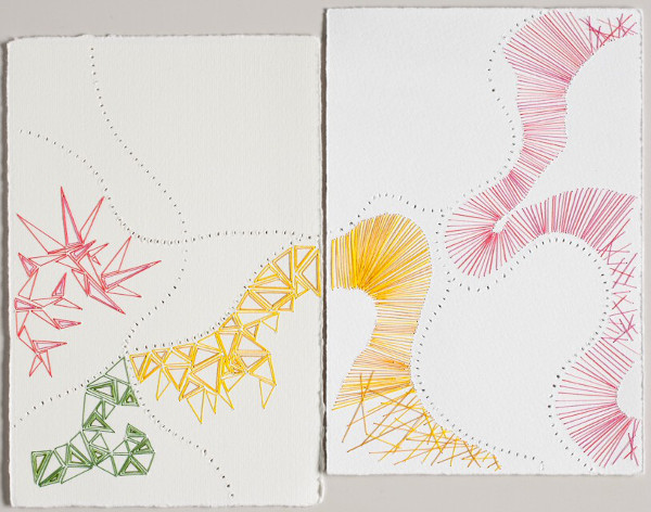 Threadlines Sketchbook: 91+90, 7 in H x 9 in W, 91 is waxed embroidery floss, 8 colours, on Medioevalis cardstock; 90 is waxed embroidery floss, 6 colours, on Arturo cardstock; Large perforations made on an industrial hemstitching machine; infill stitching/drawing all done by hand using a beading needle. Photo: R. Hensleigh