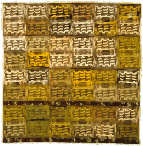 Sarah Kurc 2/11/28, 68 x 70, Hand dyed fabric, van dyke print, silkscreen, machine pieced, hand quilted, batting edge exposed. Photo: Mark Frey.