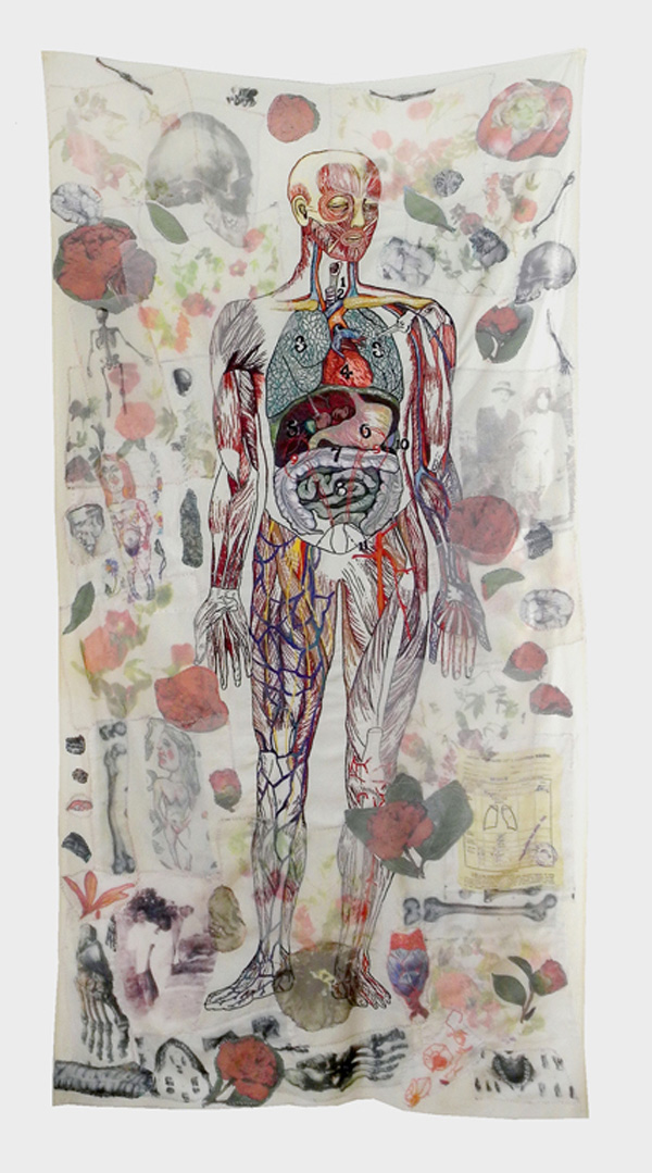 Vanitas2, 2011, Hand embroidery and digital prints on one layer of silk, 174x87cm, photo: Istvan Zsako