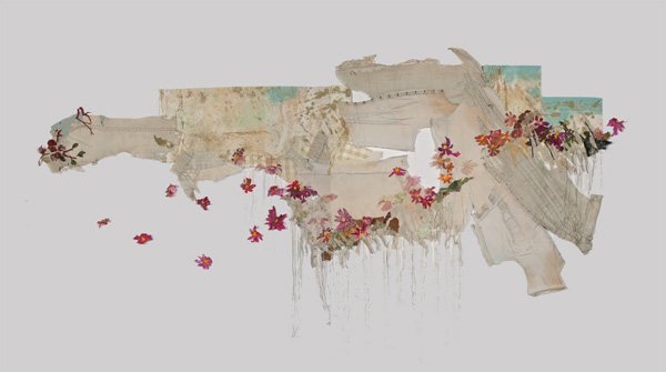 Mazie's Bodice Ripper, size variable, deconstructed antique silk bodice, painted vintage linens, commercial fabrics, plastic net vegetable bags, hand stitching with painted linen threads, machine stitching. Photo: Susan Byrne Photography.