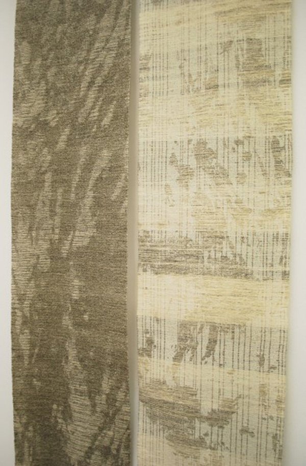 Detail: Noise 1207 and 1208, two panels each 218.5 H x 52.5 cm W, silk, hemp, ramie, sumi, Jacquard weaving. Photo: M Kelly-Frère.