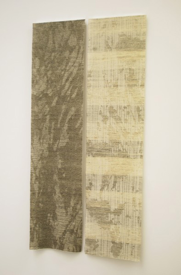 Noise 1207 and 1208, two panels each 218.5 H x 52.5 cm W, silk, hemp, ramie, sumi, Jacquard weaving. Photo: M Kelly-Frère.