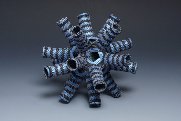 Dodecahedron, watercolor paper, acrylic paint, waxed linen thread, 2013, 10 x 10 x 10", diagonal twill woven basketry, sewn rim, Photo: Ken Rowe