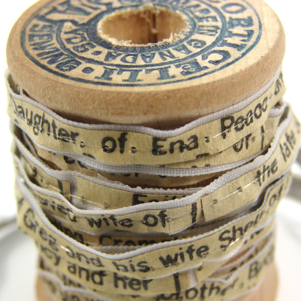 Spool Of Life Detail, 2012, 5 H x 5 W x 5 D cm, Wooden Spool, Ribbon, Thread, Mothers Obituary