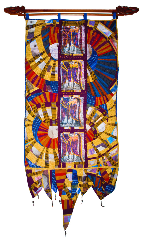 Aspara 8, 35W x 62H, fibre, textiles I collected in the region and cloth I created. Fibre techniques are drawing, painting, machine and hand sewing