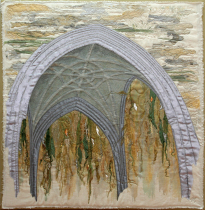 Cathedral Woods, 36.5" (h) x 37" (w), 2010, (Mounted/stretched on a wooden framework), Hand painted linen; Commercial fabrics: synthetic satin, tulle, organza, chiffon, lamé; Copper, pewter and brass mesh; Painted landscaping fabric; Painted Heat Away stabilizer; Painted fusible web, bonded with chiffon; Mica flakes; Various threads and metallic cord. Techniques: Collage; Hand painting of linen (textile paints and watercolour pencils); Thermo- fabrication with heat gun; Free motion embroidery and quilting; Sheer overlay; Couching; Bobbin stitching; Copper embossing.

Artist Statement:
Many hours have been spent walking in the woods, with my dog, and each trip holds a new wonder and closeness with the Creator. In order to share some of that experience with others, and link that with the holy, "Cathedral Woods" came into being. Text by Rumi, is stitched in gold thread, written into the background and obscured, refers to the many paths we take, but the goal is one. The use of the Chartres Labyrinth imagery relates to this as well. The domed ceiling image originated from a trip to one of the many ruins in Ireland, several years ago.