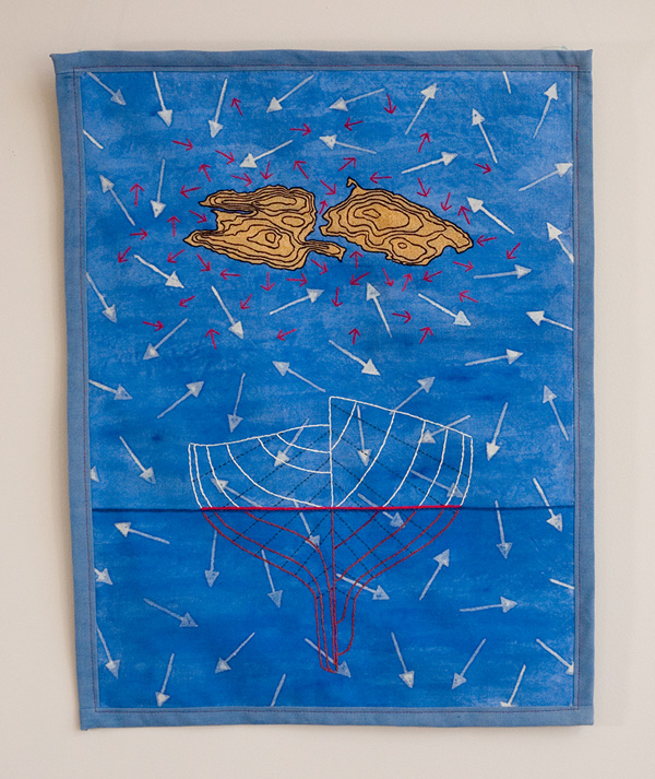 Cross Currents, 2007, 48cm w x 61cm h, fabric paint, resist, hand embroidery, appliqué