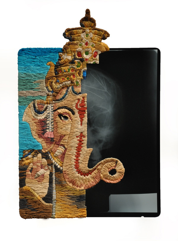 Avatar #6, Ganesha, 12 x 14 1/2",2012, Hand-embroidered x-ray