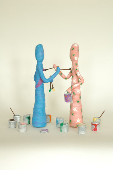 I'll Paint You If You'll Paint Me, 12.5" x 15" x 10", clothing, wood, concrete, paint, wire, medium, Fibre Technique: additive fibre sculpture, wrapping, shaping