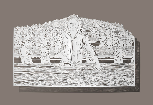 Ironing Oceans, 33.25”x19.75”, Cut Paper, Chinese Rice Paper on Silk