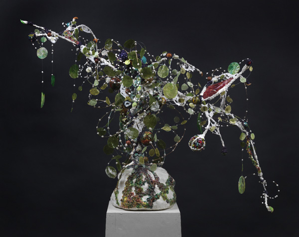 New Construction Tree II, tree branch, fabric, plaster, Styrofoam, wire, clay 2'x 5' x 2'.