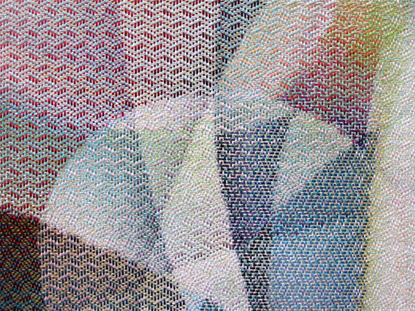 Detail: A Phase of Light: Hope 2, Weaving: combination of warp painting and weft painting hand plied yarn of cotton, silk, linen, and rayon, fiber reactive dyes, 170 x 103