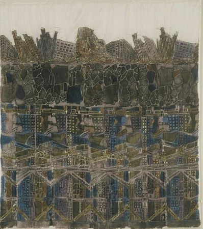 Sept. 11, woodblock printed, painted and embroidered silk, 64 x 55 inches, 2001