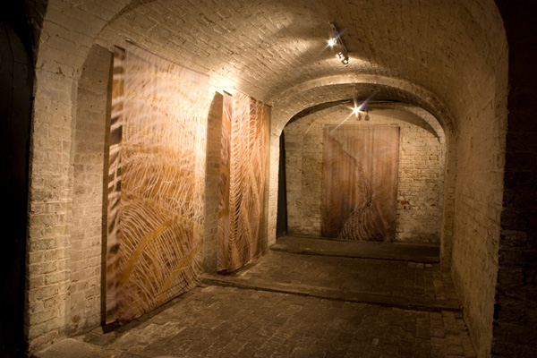 Shimmer I, II & III, 2011, each 200 x 130 x 30cm, digital print on silk satin and silk organza – St Pancras Crypt Gallery installation