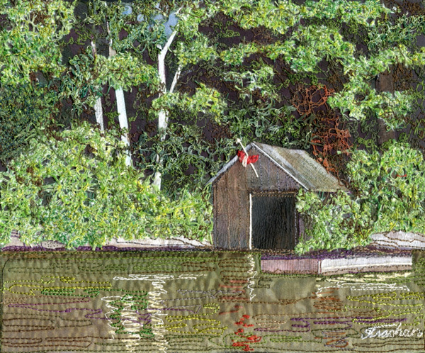 The Boathouse, 13" x 11" framed, "pabric" (paper & silk), knitted yarns, hand & machine stitching.