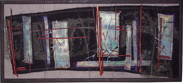 Things We Left Behind, 2004, 25 ½" x 11 ½" collage, digital print on fabric, yarn, beads, branches, photo: Milena Radeva.