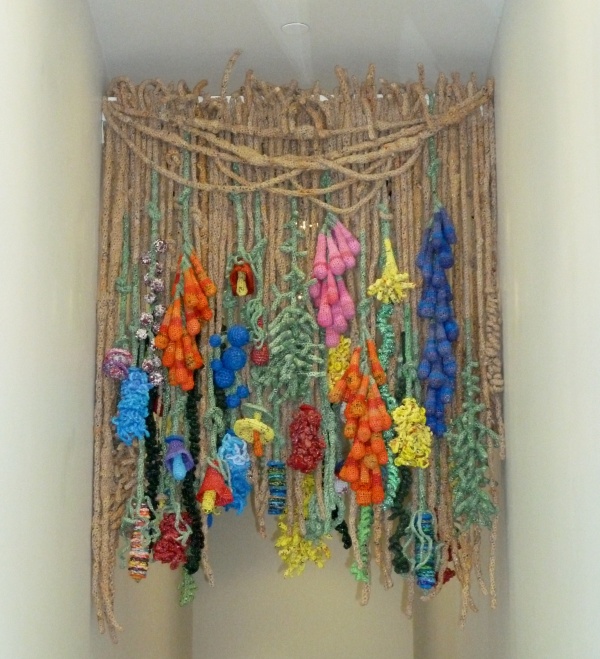 Flora Plastica (in process), crocheted plastic bags, steel cable, installation: Tacoma Art Museum, WA, Photo: Tacoma Art Museum