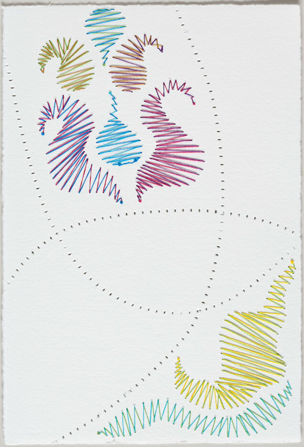 Threadlines Sketchbook: 84, 6.75 in H x 4.5 in W, waxed embroidery floss, 8 colours, on Arturo cardstock; Large perforations made on an industrial hemstitching machine; infill stitching/drawing all done by hand using a beading needle. Photo: R. Hensleigh.