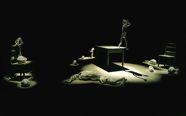 Sleep, 2002. Cotton fabric, acrylic ink, wire armatures filled with rigid polyurethane foam, wooden chairs and table. Installation at Art Gallery of Hamilton. Photo: Isaac Applebaum