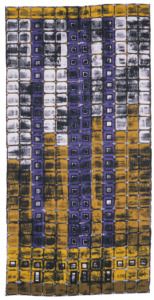 Walls from Fences Series #1, 46 x 24", 100% cotton, paint, thread, Monoprinted, handstamped, handpainted, stitched, stiffened fabric, Photo credit: Jeanne Williamson.